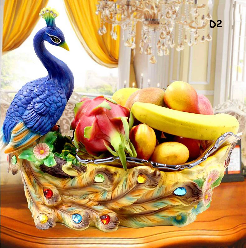 

Luxury Wedding Gift Resin Peacock Glass Fruit Plate Crafts Ornament Decoration Home Furnishing Livingroom Desktop Figurine Decor