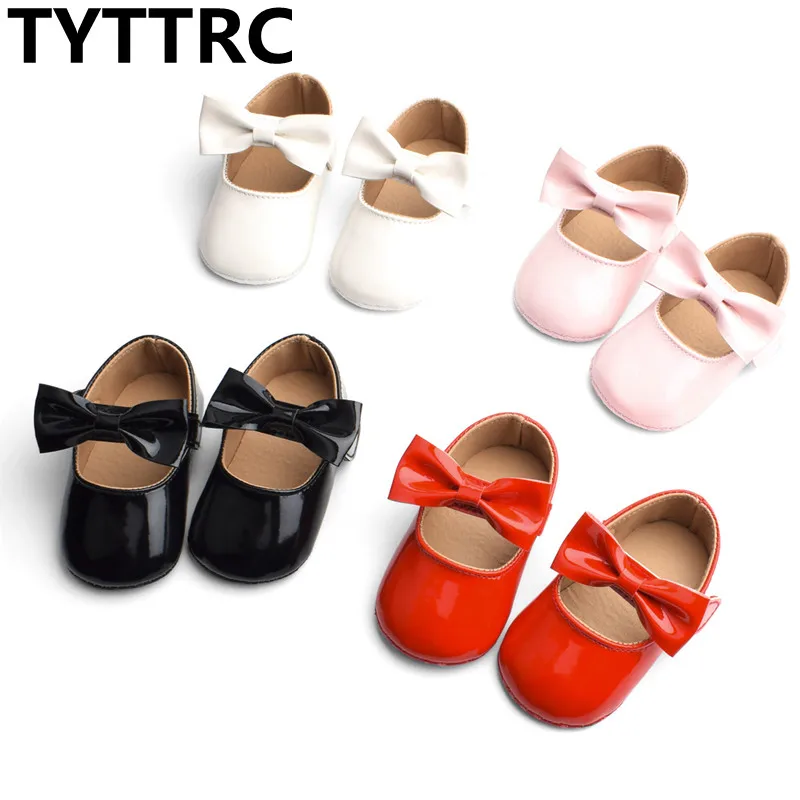 Nw Newborn Baby Girls Shoes Patent Leather Buckle First Walkers with Bow Red Black Pink White Soft Soled Non-slip Crib Shoes