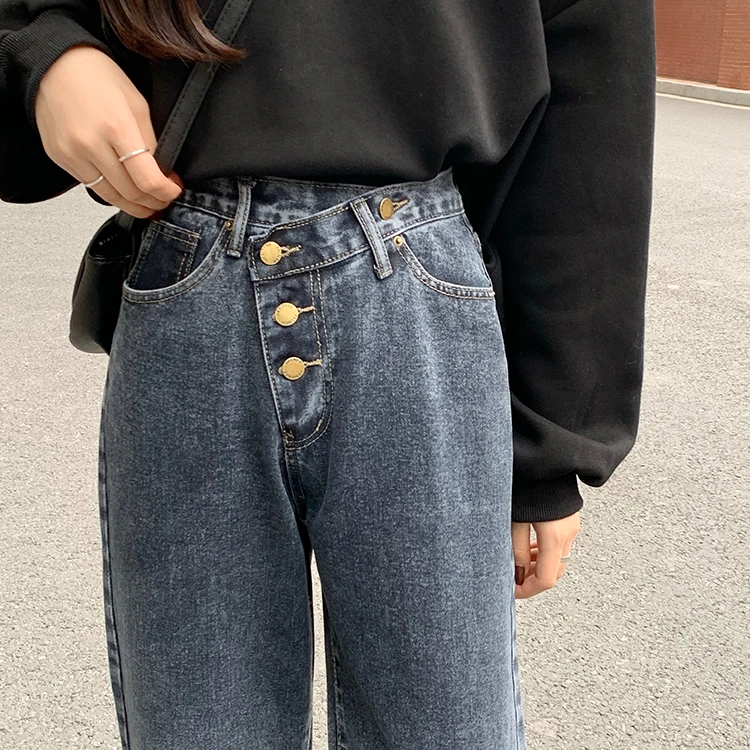 

SML 2021 spring autumn korean style women denim Pants Casual irregular button high waist straight long denim jeans pants(F9006)
