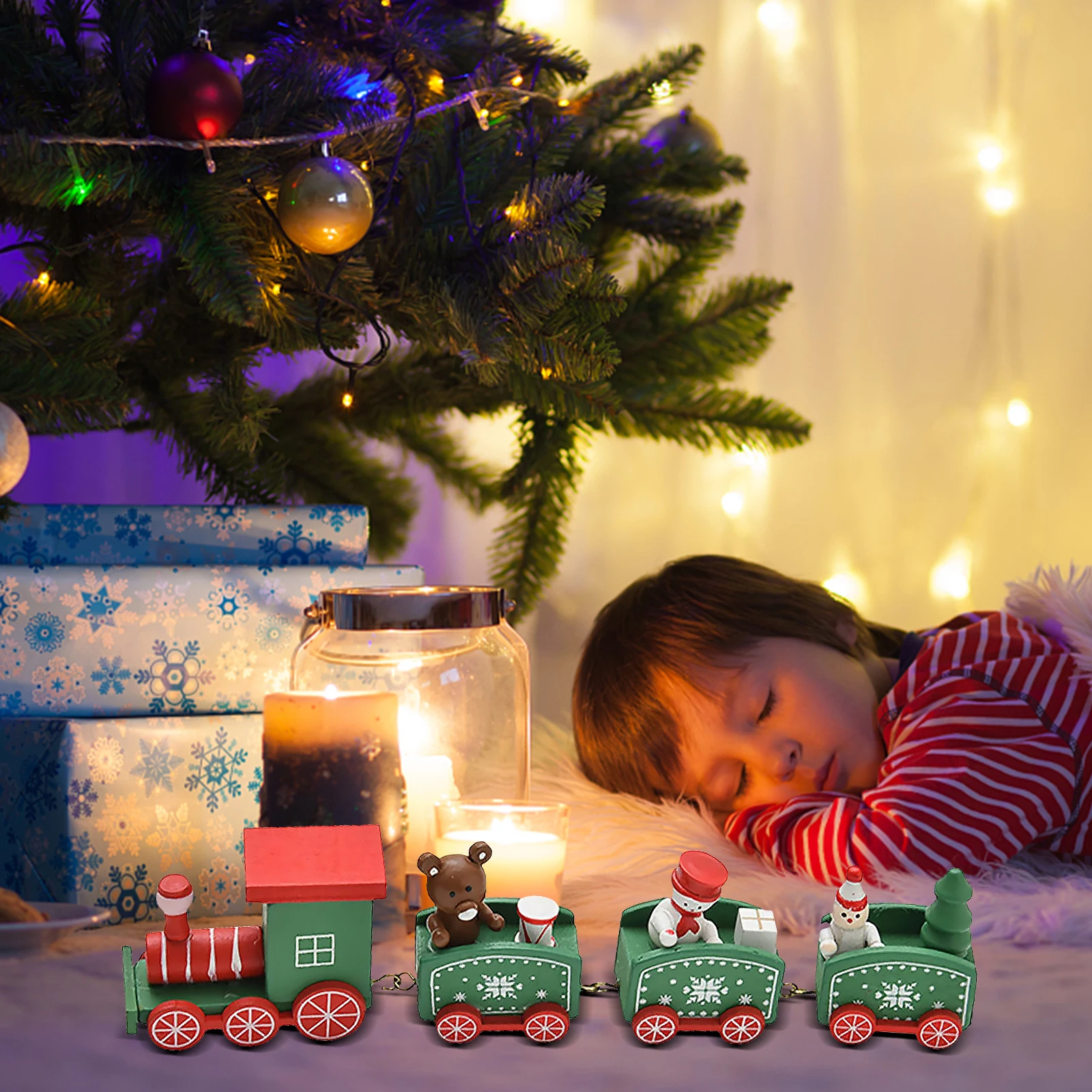 

Christmas Wooden Train Ornament Painted Carriages Deluxe Train Kids Train Toy Xmas Tree Deer Snowman Santa Train for Christmas