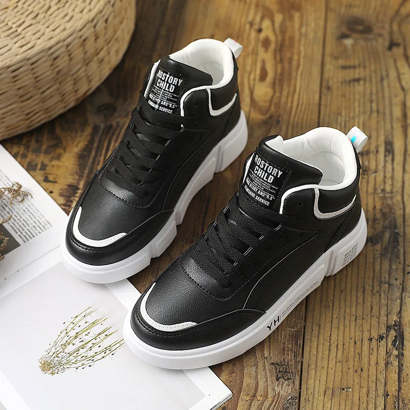 

2021 Women Sneakers Flats Shoes Woman High Top Leather Flat Platform Shoes Fashion Solid Lace-Up Round Toe High Quality Flats