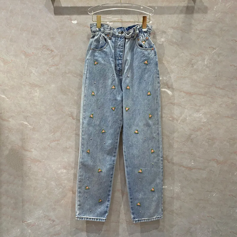 

Женские джинсы с цветочной вышивкой, джинсы с высокой талией и стразами, лето 2021