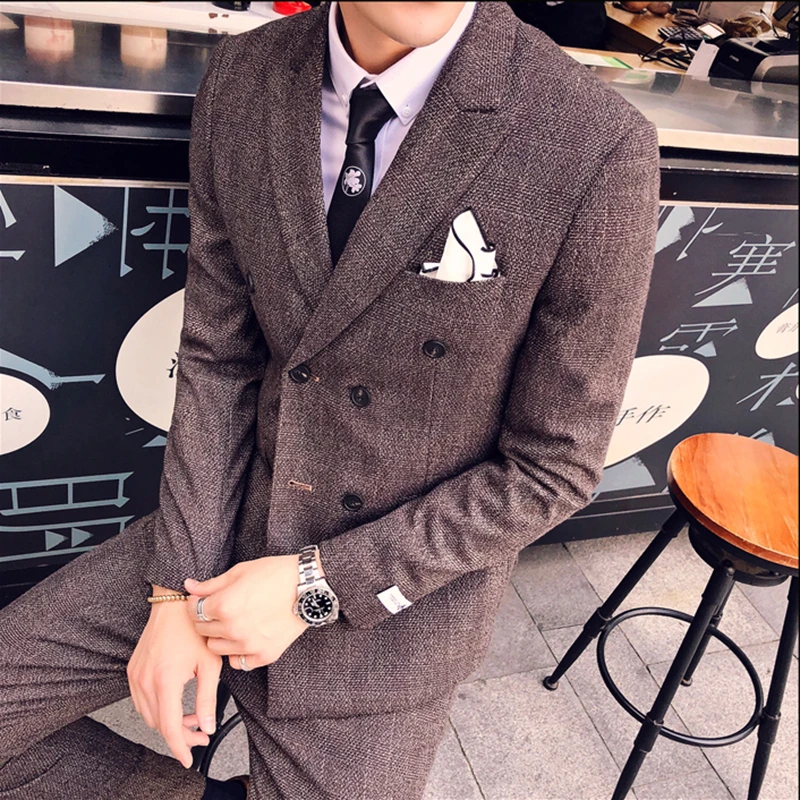 Мужские осенние двубортные костюмы курточка для курения коричневые мужские со