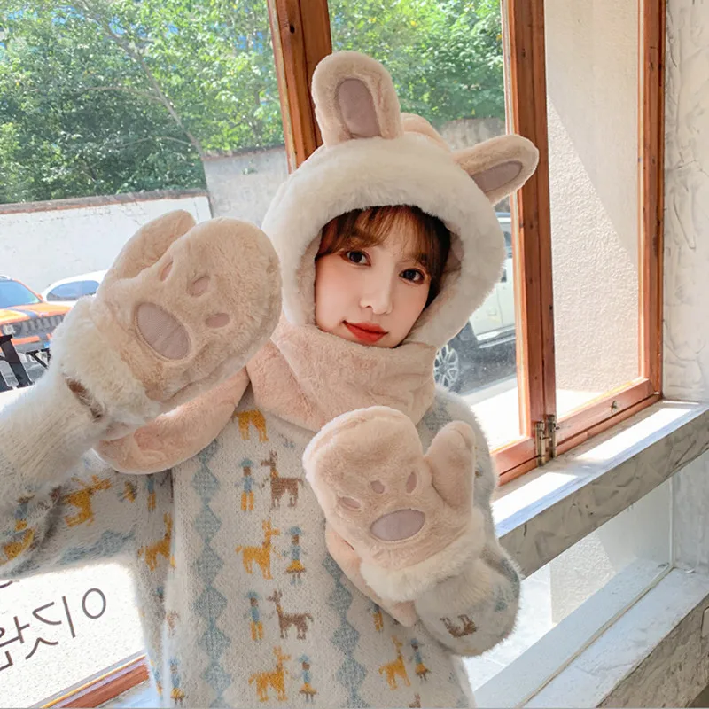 

2021 Симпатичная плюшевая шапка с кроличьими ушками кролика шарф перчатки одна зимняя теплая шапка шарф перчатки Комплект из трех предметов ...