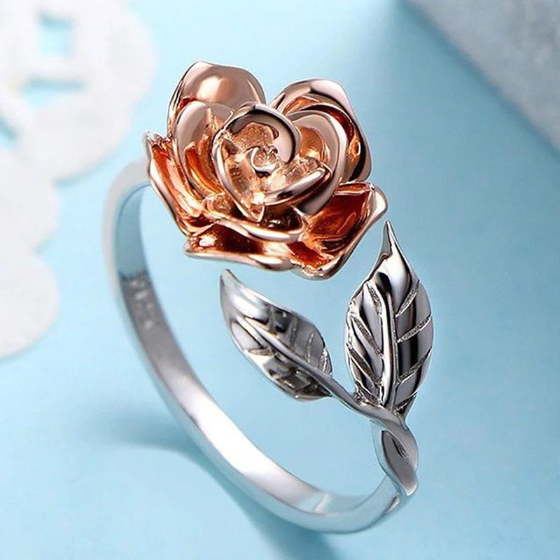 

USTAR Carving Rose Flower silver color Rings for women fashion jewelry Leaf Open Rings Female Adjustable size Bijoux Bague Anel