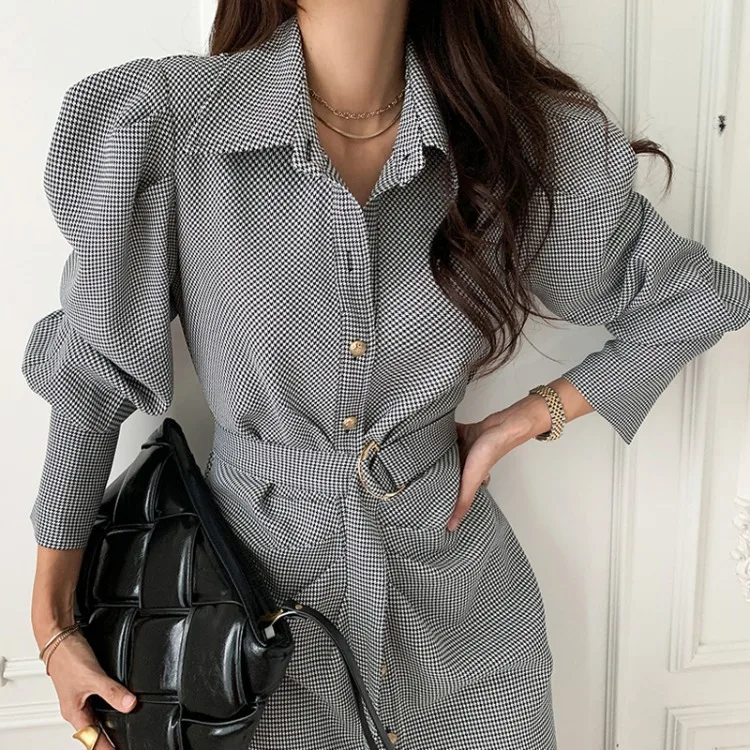 

Dresses for Women Party Classy Long Sleeve Plaid Dress Fashion Single-breasted Belted Female Dress Full Sleeve Bodycon Vestidos