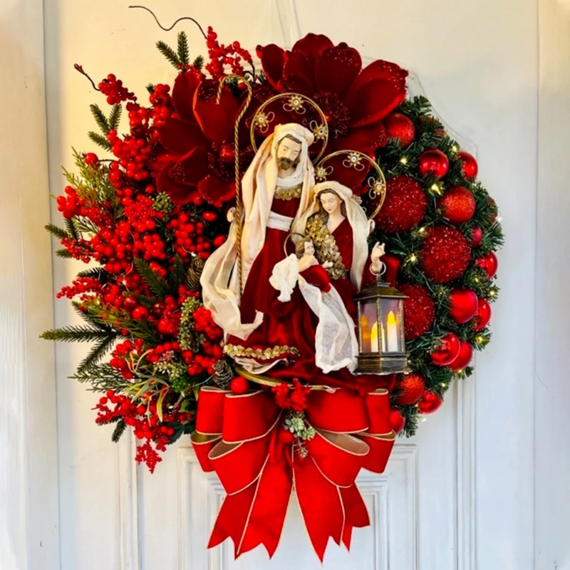 

Christmas Wreath with Light 2Pcs Natal Jesus Nativity Scene Garland for Xmas Tree Home Front Door Garden Farmhouse Hanging 87HA