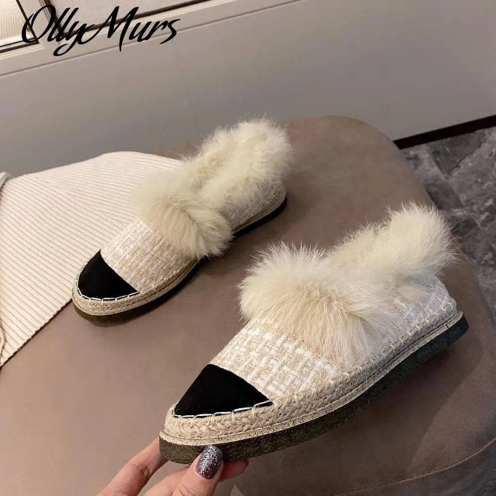 

Ollymurs New Winter Shoes Woman Fur Shoes Snow Shoes Patchwork Flats Espadrilles Slip-Ons Flats Casual Shoes Round Toes Flats