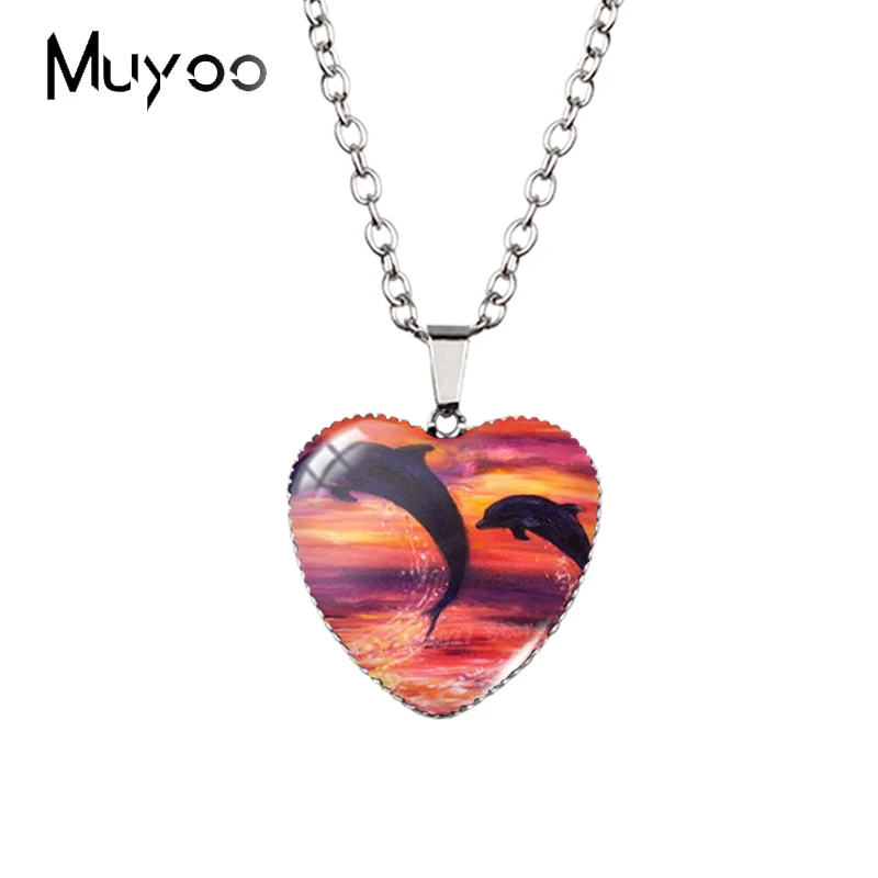 Ожерелье с подвесками в форме сердца дельфины на закате Галактический пейзаж