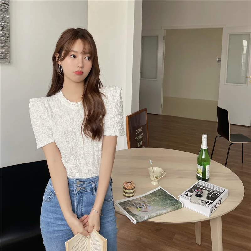 

YTX168 Summer 2021 new Korean style slim slimming pink puff sleeve T-shirt women