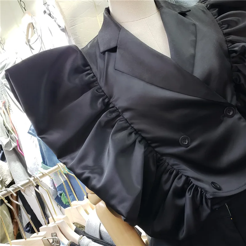 

2021 Summer Female Hong Kong Ruffled Suit Vest Women High Street Elegant Stitching Slimming Solid Color Sleeveless Blazers Tank