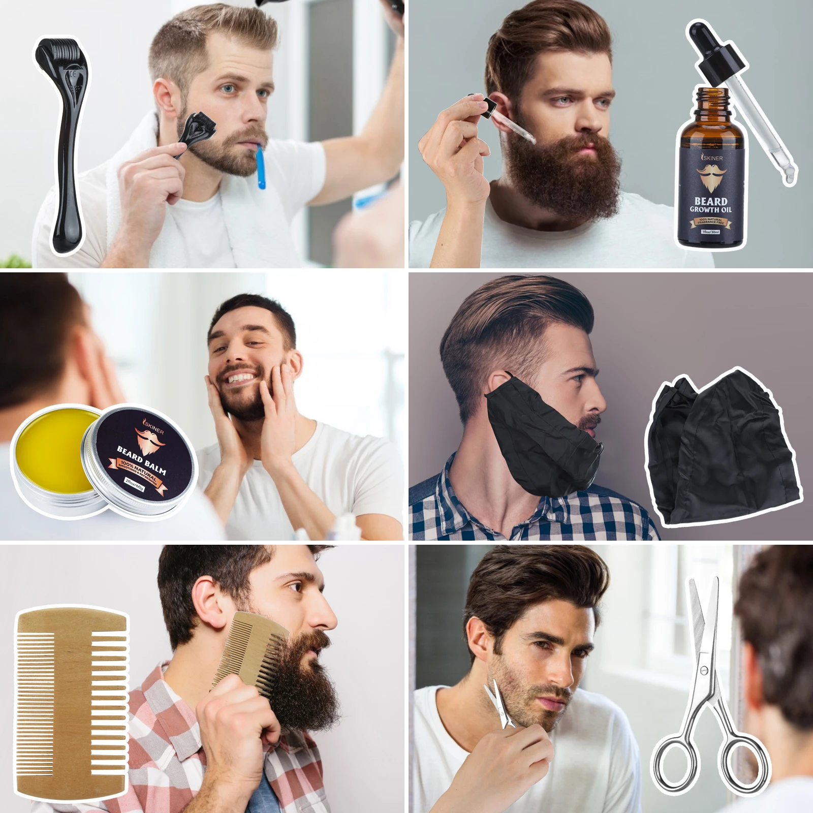 

5pcs The Men Beard Oil Growth Kit Beard Roller Balm Hair Scissors Comb Brush Set Barba Traitements Thicker Nourishing Products