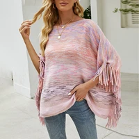 pull femme 2021 autumn winter women tassel knitted sweater poncho sexy striped o neck irregular hem casual loose pullover jumper