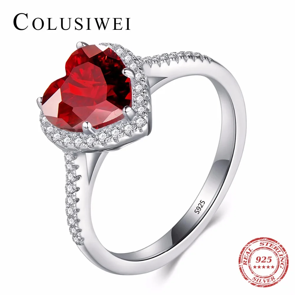 

Engagement Hearts Soild Real 925 Sterling Silver Zirconia Ring 5A CZ Wedding Red Heart Jewelry brand Rings for Women Gift