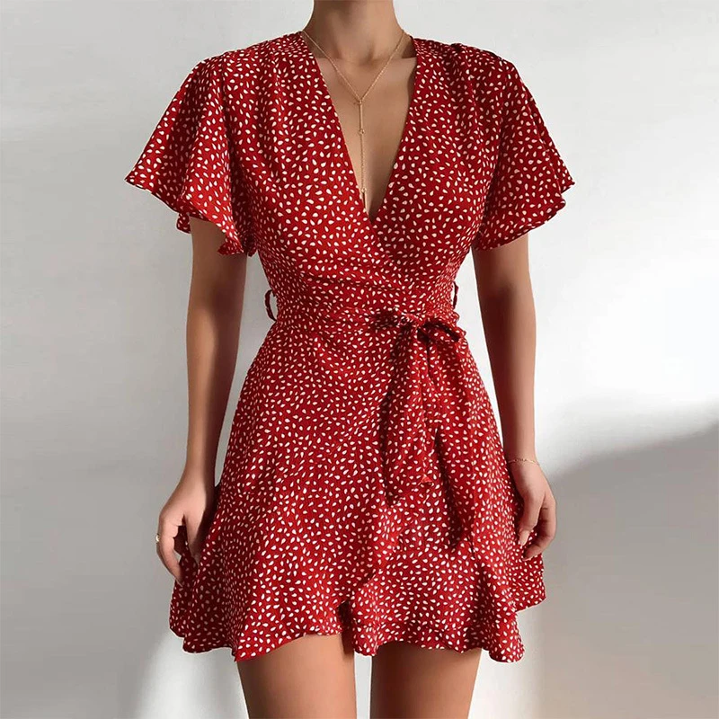 

Summer V-neck Floral Polka Dot Dress Female Beach Bohemian Chiffon Mini Dress Party Dress