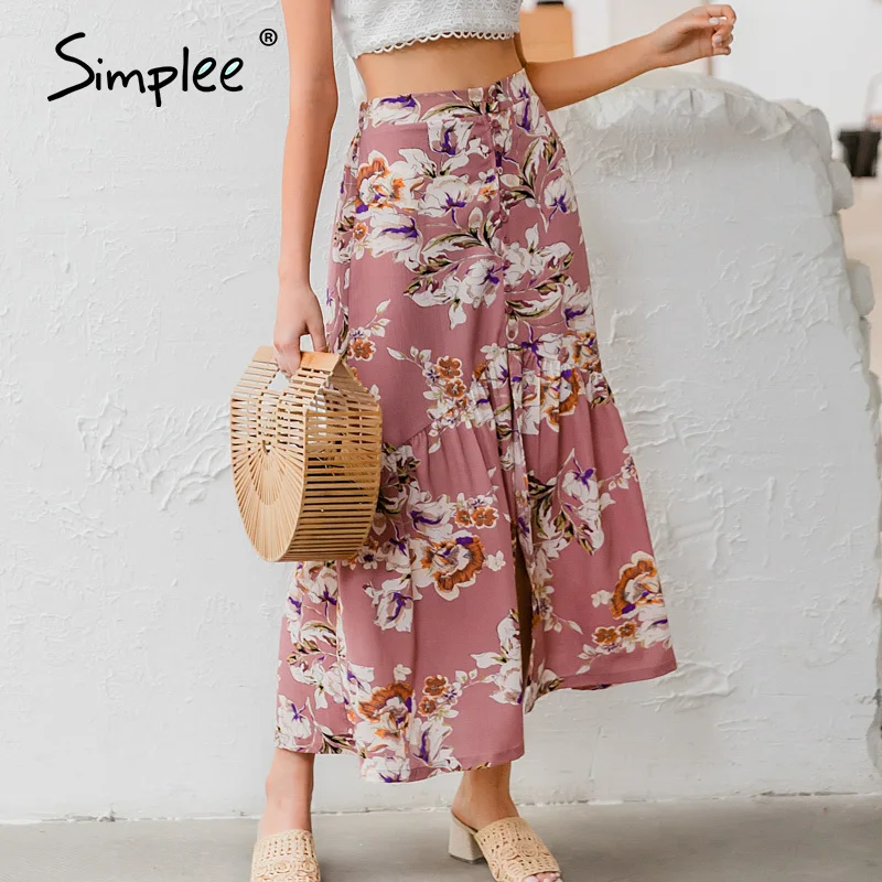 Женская юбка с высокой талией и цветочным принтом Длинные пуговицы для юбки