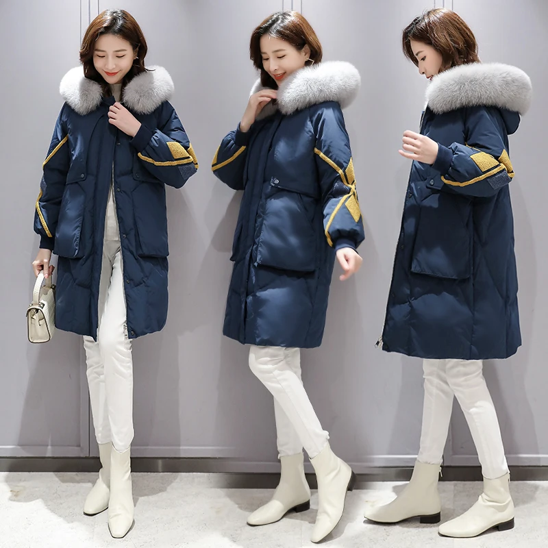 

Down jacket women's winter new thin fashion white down big feather collar thickened over the knee coat 213500