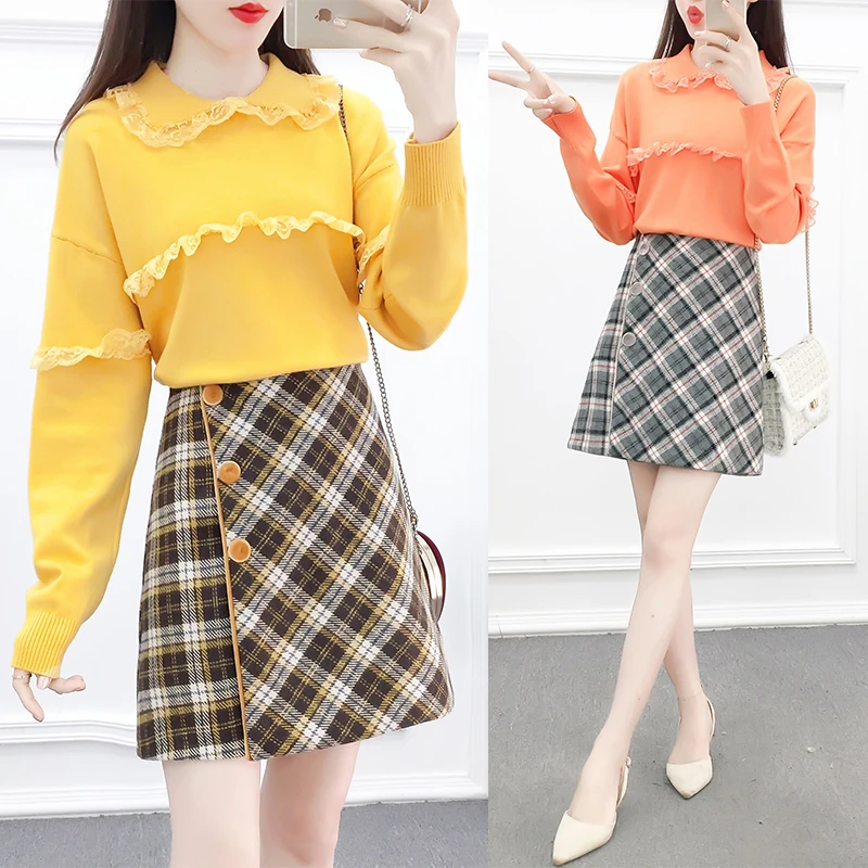 

Suits Women Lace Stitching Knitted Sweater & Woolen Cloth Skirt Grid Skirts Knitwear Sweet Girl Matching Suit Couture Winter