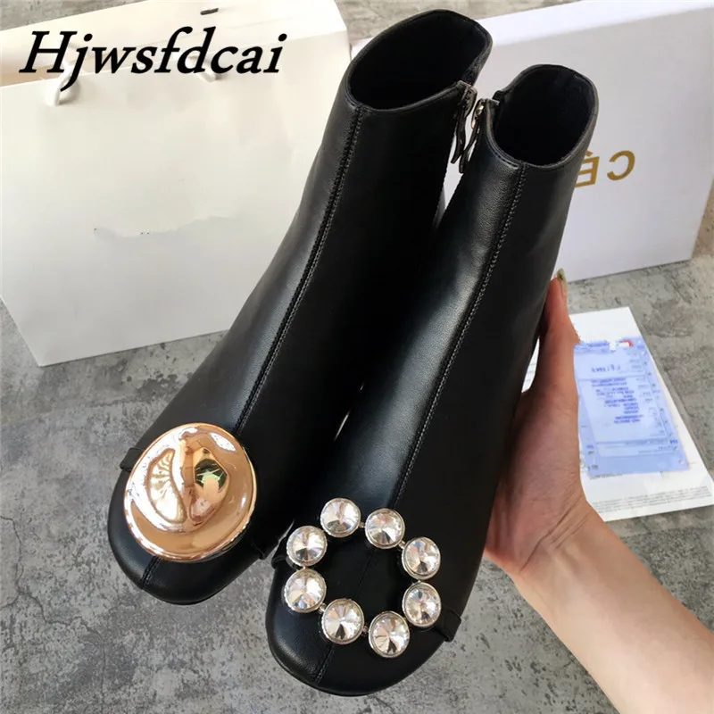 

Hjwsfdcai металлический декор Женская обувь на массивном каблуке женские сапоги со стразами женские Ботинки Ботильоны на молнии женские на выс...