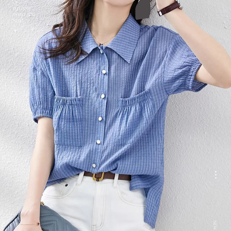 Japan and South Korea 2021 simple style comfortable cotton and linen stand collar raglan sleeve striped shirt women