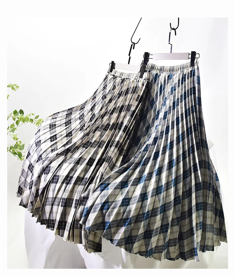 

Qooth New Plaid Pleated Skirt Women Fashion 2021 Checked Vintage Pleated Maxi Skirt INS Lady Elastic Waist Skirts QT321
