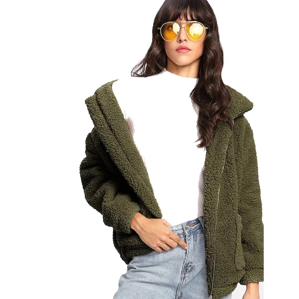 

Winter Warm Turn-down Collar Faux Lamb Fur Zipper Coat For Women Pocket Designed Plus Size Solid Color Coat Red FS0883