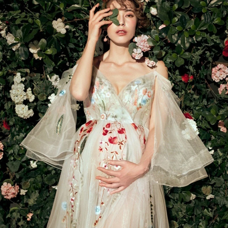 MOMLUVBB Women Photography Props Maternity Dresses Floral Sling V-neck Pregnancy Luxury Dress Studio Photo Shoot Photo Clothes