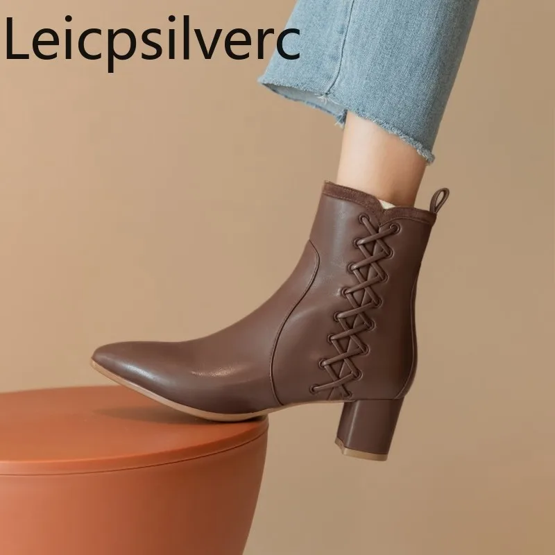 Осенне зимние женские ботинки с острым носком мартинсы на толстом каблуке