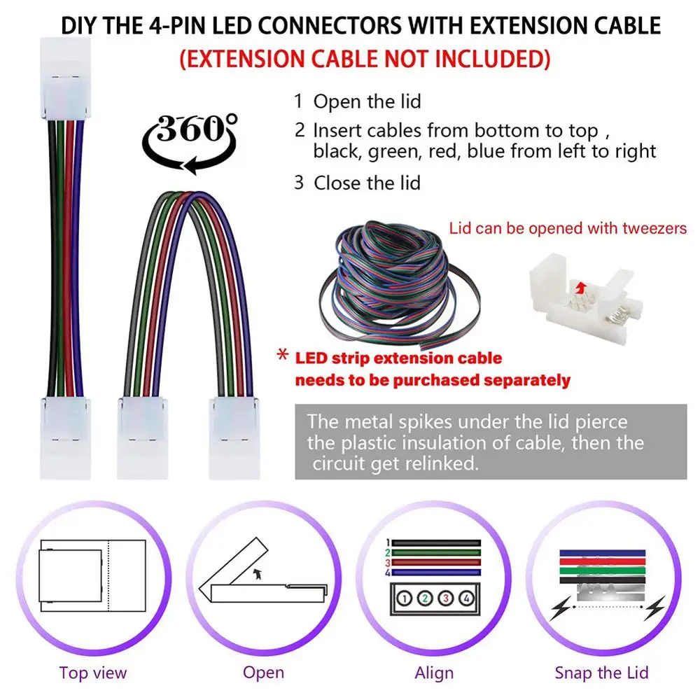 LISM 10 мм 4 контактный L образный светодиодный RGB Регулируемый разъем для