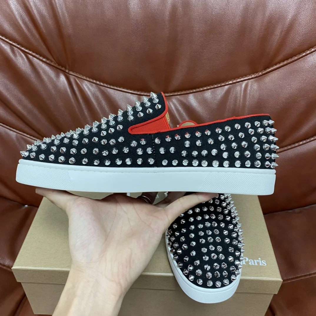 

Men Luxury Sneaker Real Leather Top Quality Red Bottom Spikes Flat Brand Shoes Goodyear Sole With Original Box