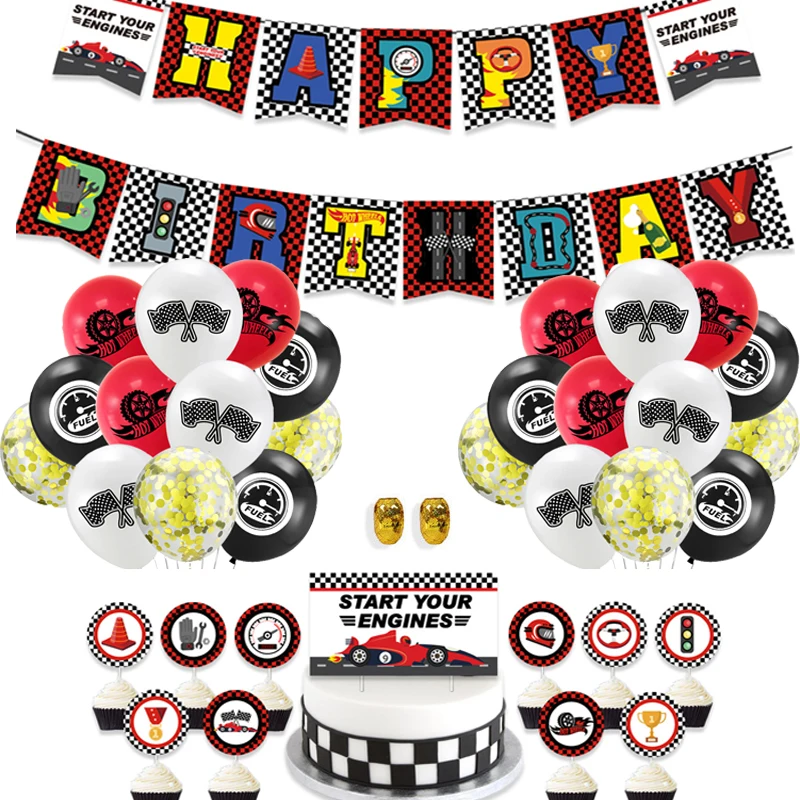 

Гоночный светильник, флаг в клетку, латексный шар с конфетти для гоночной машины, тематический баннер на день рождения, черная клетчатая веч...