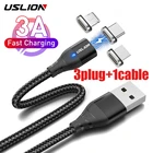 Магнитный кабель USLION 3A для быстрой зарядки телефонов Android, Micro USB C, кабель для передачи данных мобильных телефонов, провод, магнитное зарядное устройство для Samsung, Xiaomi, Huawei