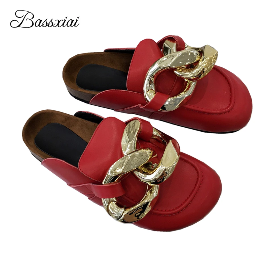 

Multicolor Real Leather Round Toe Mules Lady Flat Heel Big Metal Chains Decor Slip-on Outwear Slippers Women