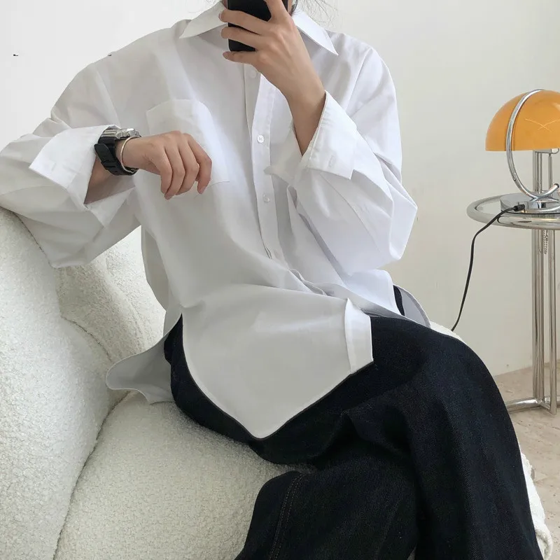 

New Autumn And Winter Fashion Casual Simple Temperament White Patchwork Loose Slim Long Sleeve Shirt Top Women C195