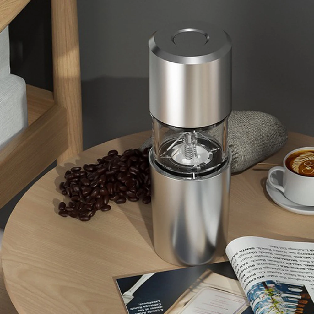 

Silver Coffee Grinder Mini Stainless Steel Electric Portable Rechargeable Grinder Conical Coffe Bean Mill Kitchen Tool Grinders