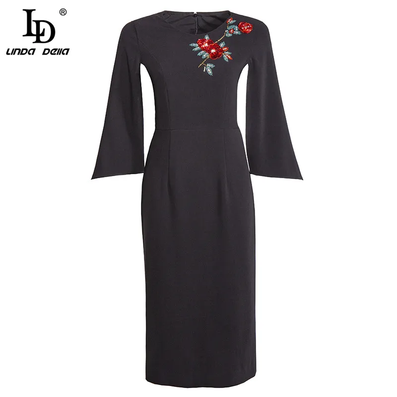 

LD LINDA DELLA 2021 Fashion Designer Autumn Slim Midi Dress Women's Gorgeous crystal Beading Butterfly Sleeve Black Party Dress