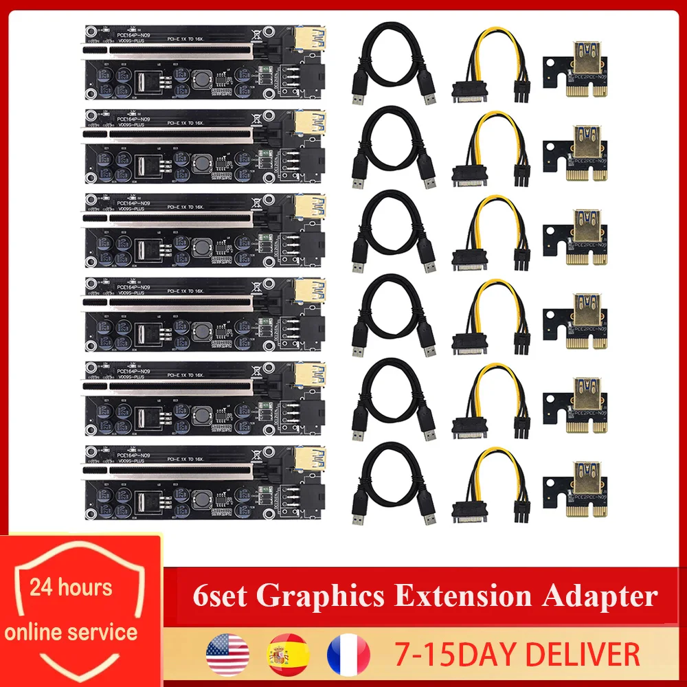 

VER009S 1/6set Riser Card Plus 1X To 16X Extender 6Pin Graphics Extension Adapter USB 3.0 Cable GPU For Miner Mining Bitcoin