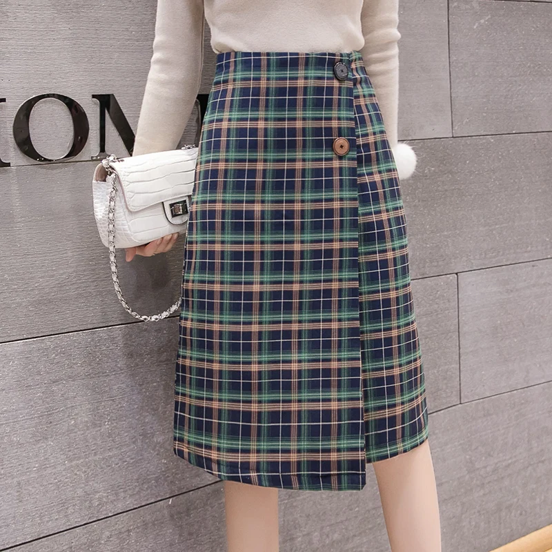 Корейский стиль 2019 осень зима клетчатая юбка женская на элегантных кнопках