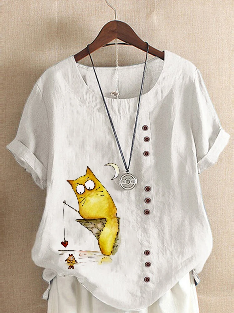 Женская льняная рубашка с коротким рукавом и круглым вырезом большого размера -