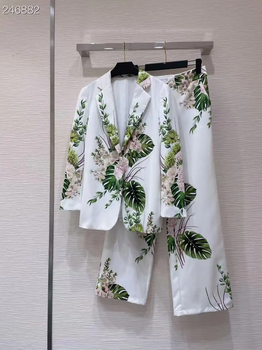 

HIGH QUALITY New 2021 Designer Runway Suit Set Women's Single Breasted Long sleeve Blazer + Long pant Flowers Print Set
