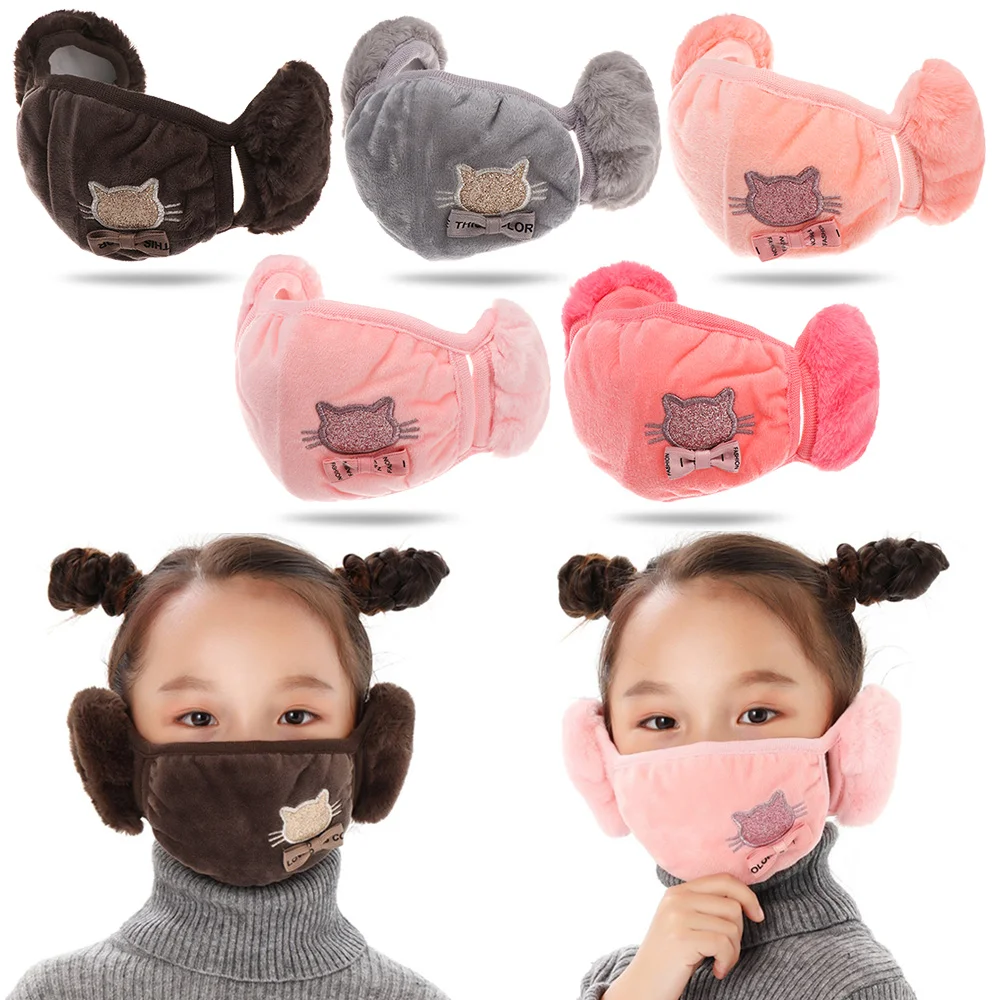 

Winter Warm Plush Mask Earmuffs Children Mouth Muffles Ear Cap Student Cartoon Cat Earflap Outdoor Warm Earmuffs Face Cover
