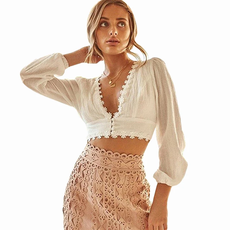 Женские укороченные топы с глубоким V образным вырезом и цветочным принтом