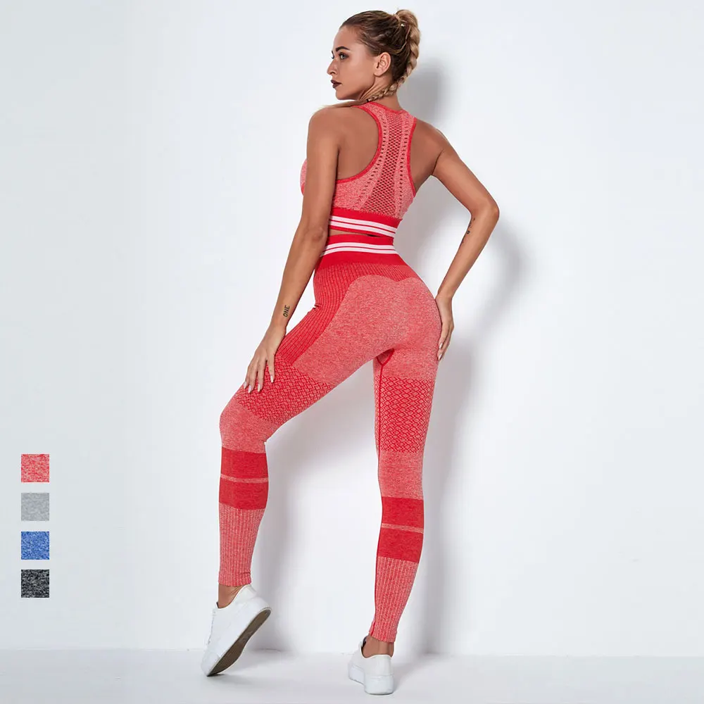 

Seamless Knitted Hollow 2 Piece Set Women Gym Clothing Peach Hip Yoga Pants Sports Bras Tracksuit Fitness Suit Workout Clothes