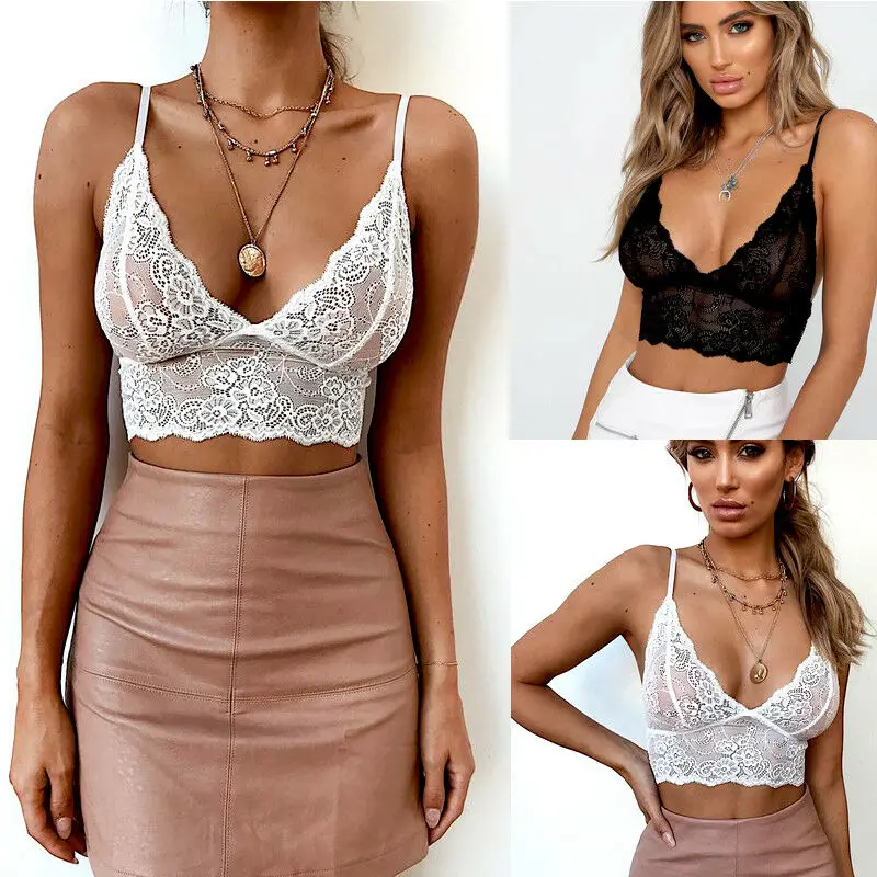 

Women Sexy Sheer Lace Camis Vest Tank Top Lady Summer V-Neck Sling Crop Tops Girls Solid Clubwear Bralette Bra