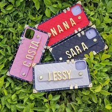 Custom Name Letter Leather Square Case for iPhone 13 11 12 Pro 8 Plus X Max XR Samsung Galaxy S20 S9 S10 S21 Ultra Note 10 9 20