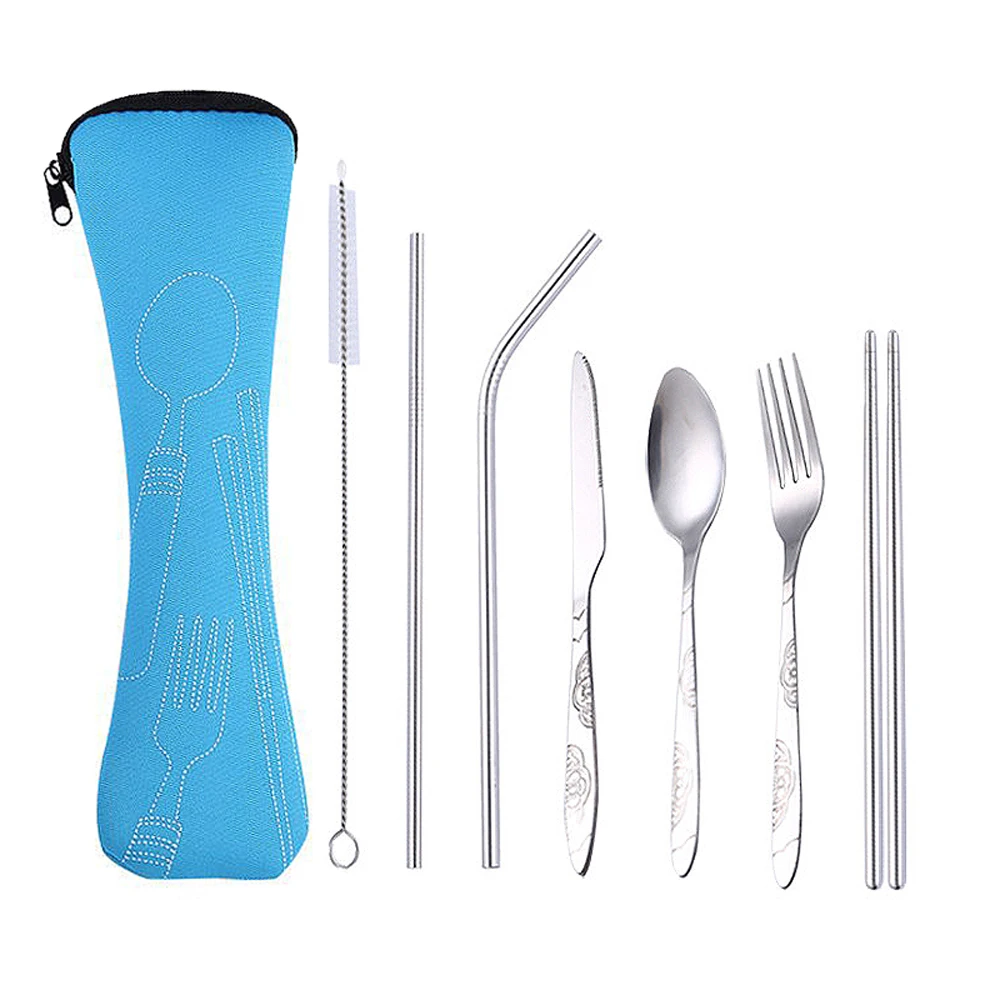 7 piece set Столовая посуда Нержавеющая сталь, столовая ложка, вилка, палочки для еды набор столовой посуды путешествия кемпинга Ourdoor столовые приборы инструменты комплект переносной посуды - Цвет: 7 piece set
