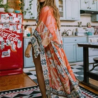 2021 bohemian printed self belted loose summer beach tunic plus size long kimono women street wear casual maxi dress n996