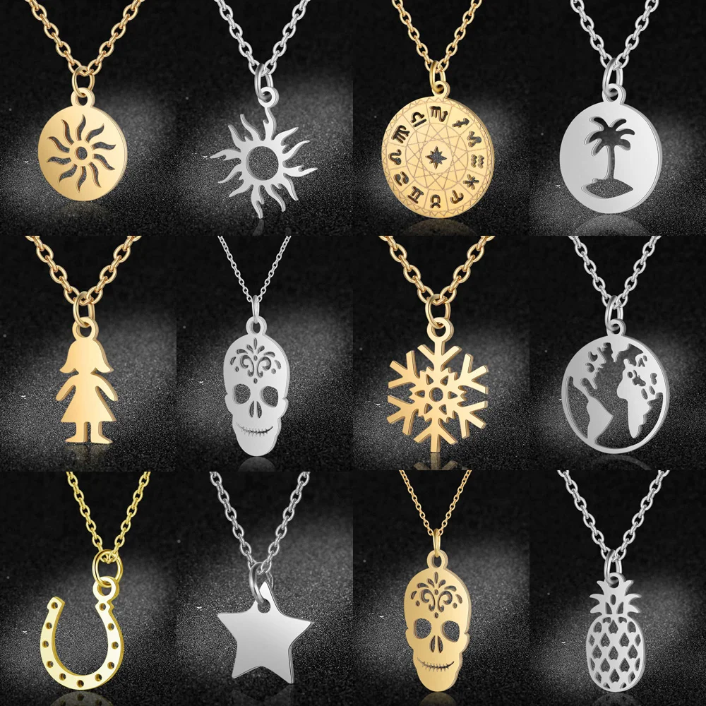 Wholesale Stainless Steel World Map Sun Charm Necklace with Pineapple, Palm Tree, Star, and Horseshoe Elements image 2