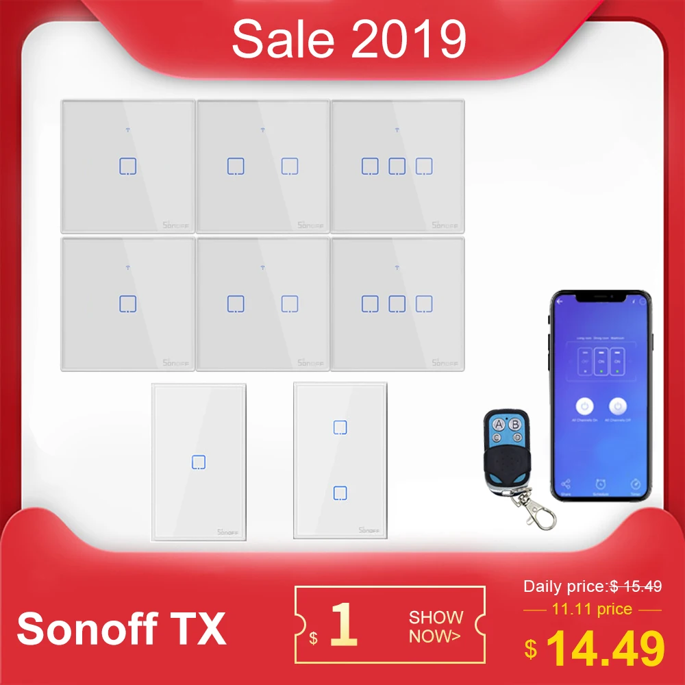 Умный светильник SONOFF T2 EU/US/UK TX, настенный выключатель, панель сенсорного/Wifi/433 mhz/Eweilink/RF/APP, беспроводной пульт дистанционного управления Google Home