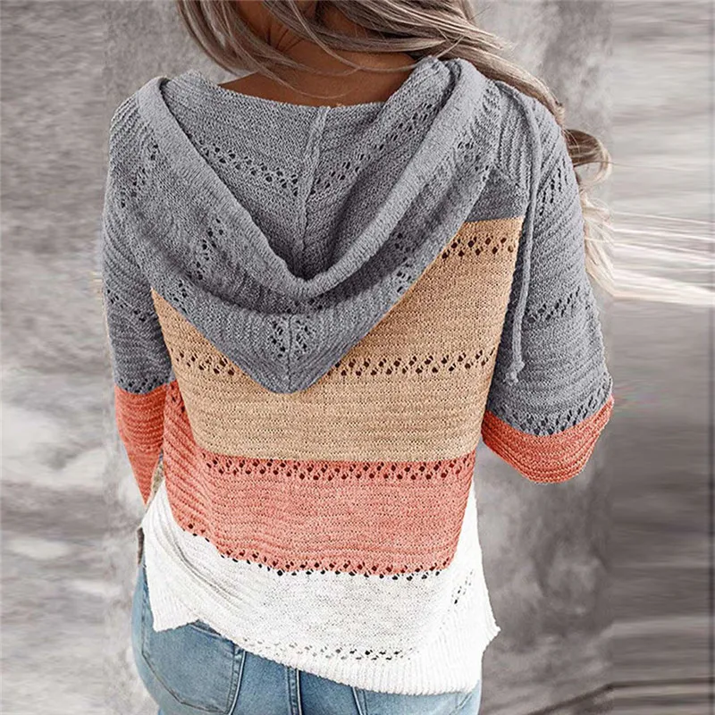 

Autumn Women Patchwork Hooded Sweater Long Sleeve V-neck Knitted Sweater Casual Striped Pullover Jumpers 2021 New Female Hoodies